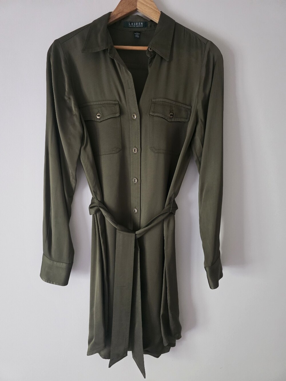 Ralph Lauren Olive Green Long Sleeve Shirt Dress with Tie Waist